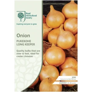 Packet of RHS Onion Pukekohe Long Keeper seeds showing round, golden-brown onions ideal for cooler climates and long storage.