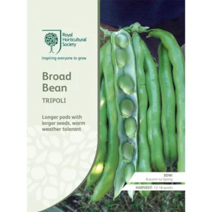 Packet of RHS Broad Bean Tripoli seeds showcasing large, vibrant green pods ideal for home gardening and cooking.