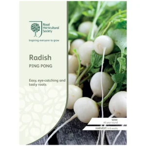 Packet of RHS Radish Ping Pong seeds showing smooth, round, white radishes growing in lush green foliage.