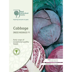 Cabbage (Red) Rookie F1 seed packet featuring vibrant purple and green cabbage heads.