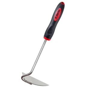 Stainless steel garden hoe with an ergonomic handle, designed for precise weeding and soil cultivation.