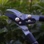 Close-up of bypass pruning loppers cutting a branch, showing sharp precision blades and ergonomic handle design.