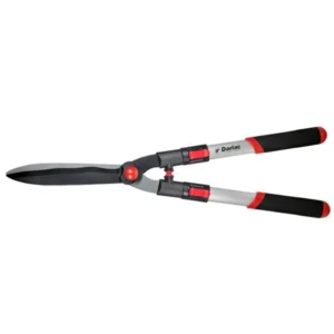 Lightweight long-handled shears with sharp, durable blades and red ergonomic grips for trimming hedges and garden maintenance.