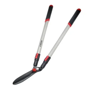 Long-handled garden shears with ergonomic grips and sharp blades, ideal for trimming hedges and shrubs with precision.