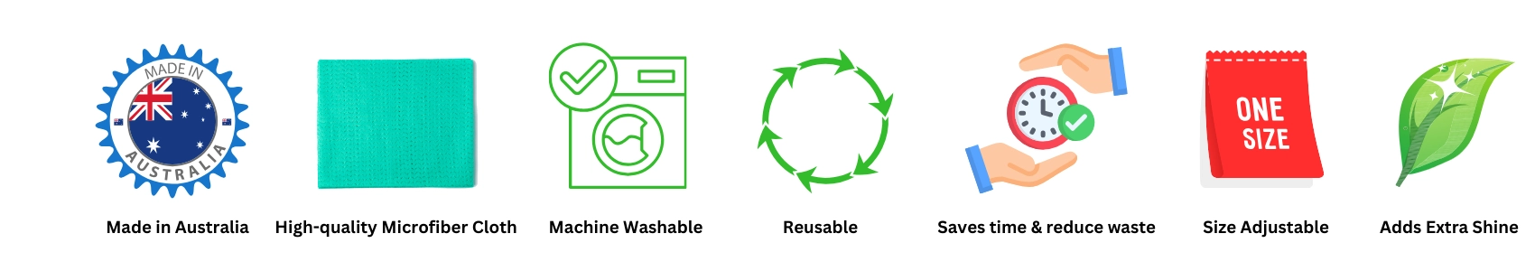 Certifications and eco-friendly icons for Leaf Cleaning Gloves, emphasizing sustainability and environmentally safe materials