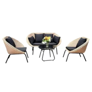 Elysium Outdoor Lounge Furniture Set featuring three woven chairs and a round coffee table with a sleek black frame.