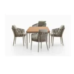 Modern outdoor Pietra dining set with a wooden table and four stylish woven chairs.