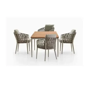 Modern outdoor Pietra dining set with a wooden table and four stylish woven chairs.