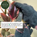 Green gardening gloves in use, holding a plant leaf with a customer review in the background expressing satisfaction.