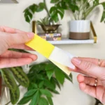 Hands peeling off the backing of a We The Wild sticky yellow pest trap for easy setup to control flying plant pests.