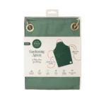 Packaging for We The Wild green gardening apron with pockets and tool loops, designed for practical and organized gardening.