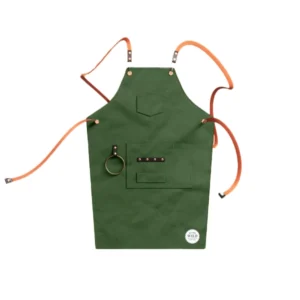 We The Wild gardening apron in green, with pockets and loops for tools, designed for durable and convenient gardening.