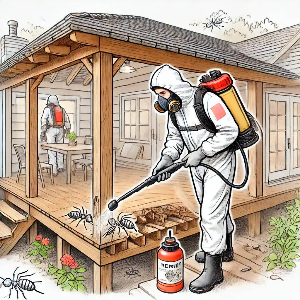 Illustration of a pest control technician using Bifenthrin for termite control on a wooden deck in a backyard.