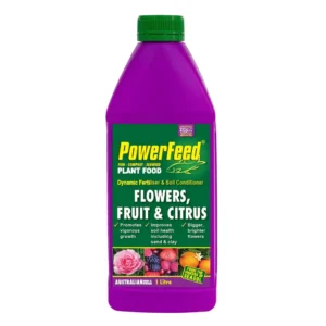 PowerFeed Flowers, Fruit & Citrus plant food purple bottle with green cap