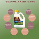 Seasol Lawn Care benefits infographic showing key features: easy to use, promotes stronger lawn, natural growth promotion, disease resistance, and lawn health benefits around product bottle