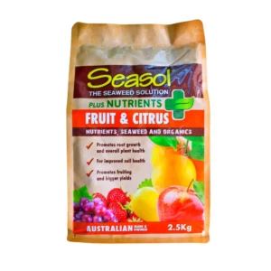 Seasol Plus Nutrients Fruit & Citrus fertilizer pack featuring oranges and grapes on brown packaging