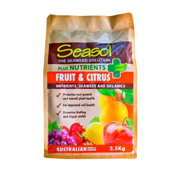 Seasol Plus Nutrients Fruit & Citrus fertilizer pack featuring oranges and grapes on brown packaging