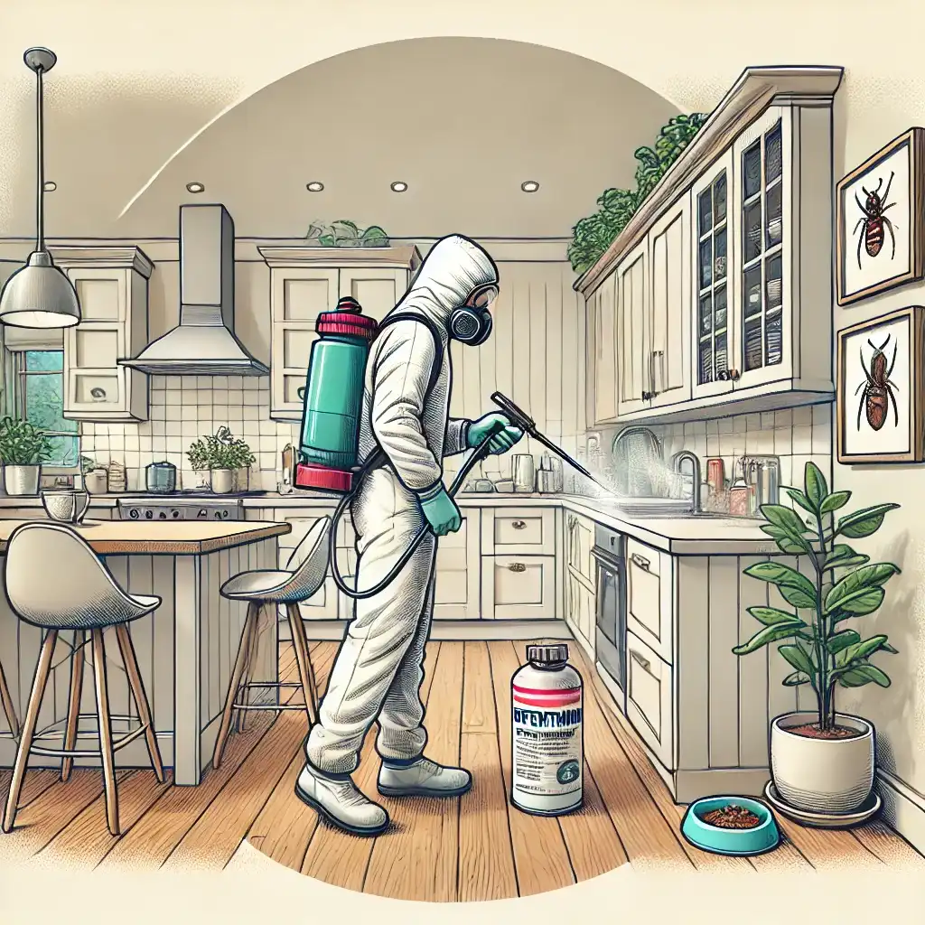 Illustration of a pest control professional using bifenthrin spray in a modern kitchen to manage indoor pests, highlighting a clean and safe environment.