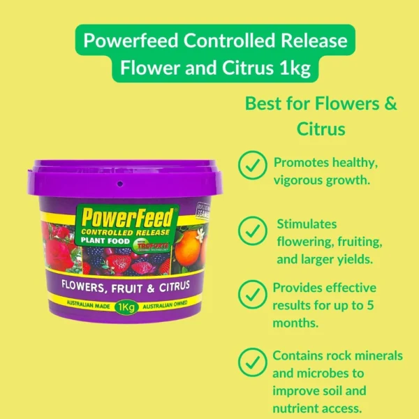 PowerFeed Controlled Release Flower and Citrus 1kg – Slow-release fertiliser for vibrant flowers and healthy citrus plants.