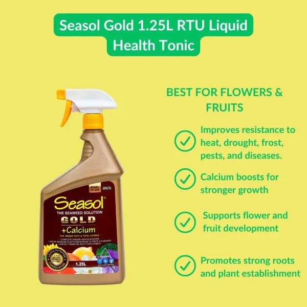 Seasol Gold RTU 1.25L – Ready-to-use liquid health tonic for plants, supports growth and soil health.