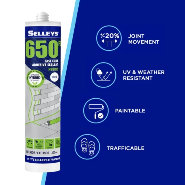 Selleys 650FC Fast Cure Adhesive Sealant White in a 300mL tube, ideal for quick bonding of wood, metal, and glass for indoor and outdoor use.