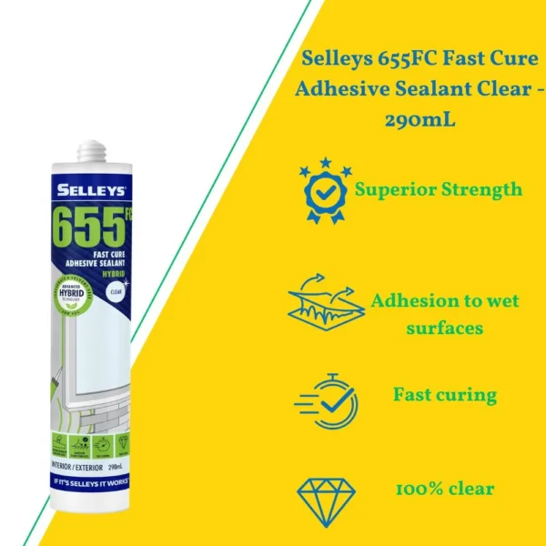 Selleys 655FC Fast Cure Adhesive Sealant Clear, a 290mL hybrid adhesive for strong and lasting bonds on glass, metal, and ceramics.