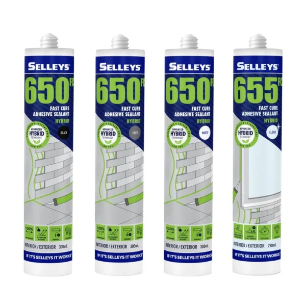 Selleys 655FC Fast Cure Adhesive Sealant Clear, a 290mL hybrid adhesive for strong and lasting bonds on glass, metal, and ceramics.