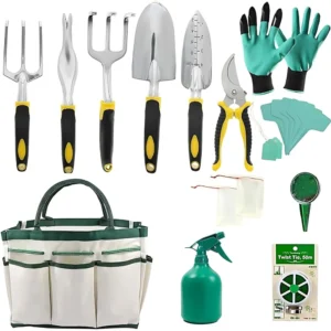 "Complete 13-piece gardening tool set with tote bag, gloves, and essential hand tools