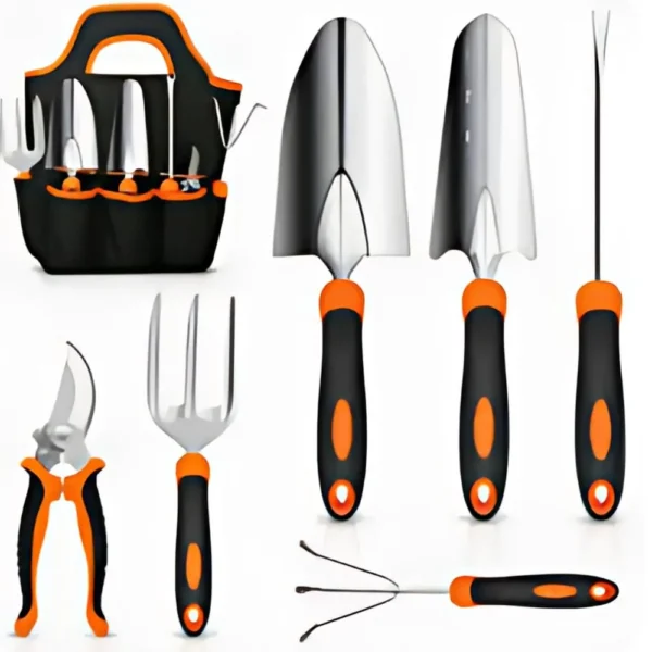 7 Piece Gardening Tool Set: Stainless steel garden tools including trowel, cultivator, weeder, pruning shears, and storage bag.