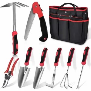 9 Piece Gardening Tool Set - Stainless Steel Tools, Ergonomic Handles, Tote Bag