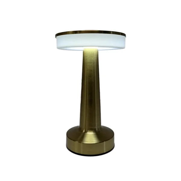 Elegant Alfrescolite Golden Rechargeable LED Lamp with a warm glow, ideal for indoor and outdoor use.