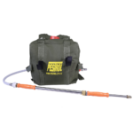 Fire Fighting Knapsack 15L with manual stainless steel water gun, Oxford green fabric, and polyethylene hose.