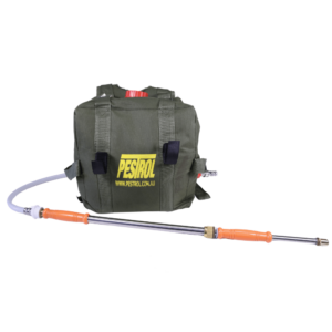 Fire Fighting Knapsack 15L with manual stainless steel water gun, Oxford green fabric, and polyethylene hose.