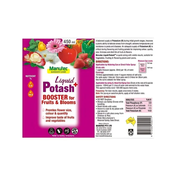 Manutec Liquid Potash Plus product packaging, showing its easy-to-use liquid form and suitability for all flowering and fruiting plants.