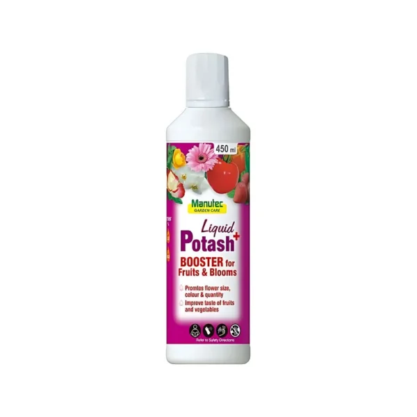 A bottle of Manutec Liquid Potash Plus fertiliser, designed to boost flowering and fruiting in plants.